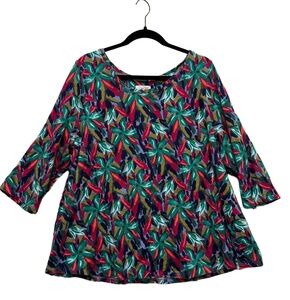 Denim & Co Floral 3/4 Sleeve Round Neck Tunic Top - 2X